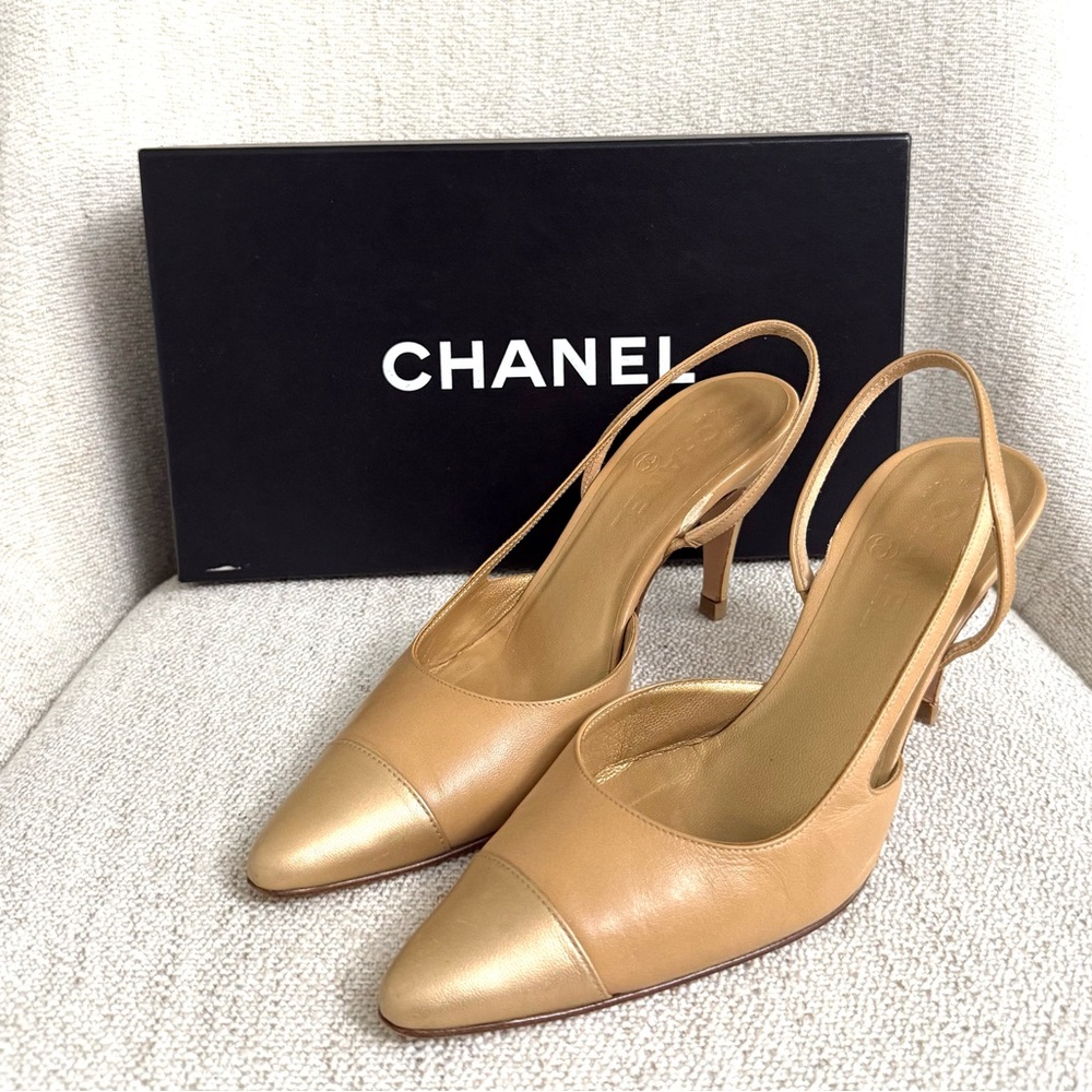 Authentic Chanel slingback pumps beige gold